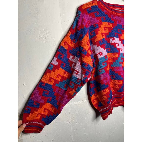 Vintage Amerindia Handmade in Bolivia Knit Sweater Red Pink Blue Orange Size L - Picture 3 of 7